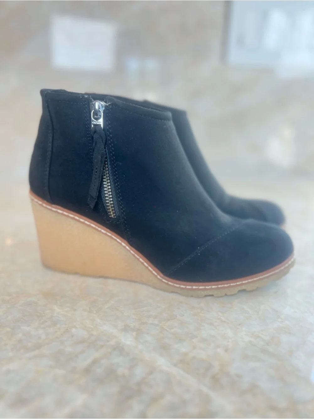 Toms Black Suede Wedge‎ Ankle Booties with Tan Wedge Size W8